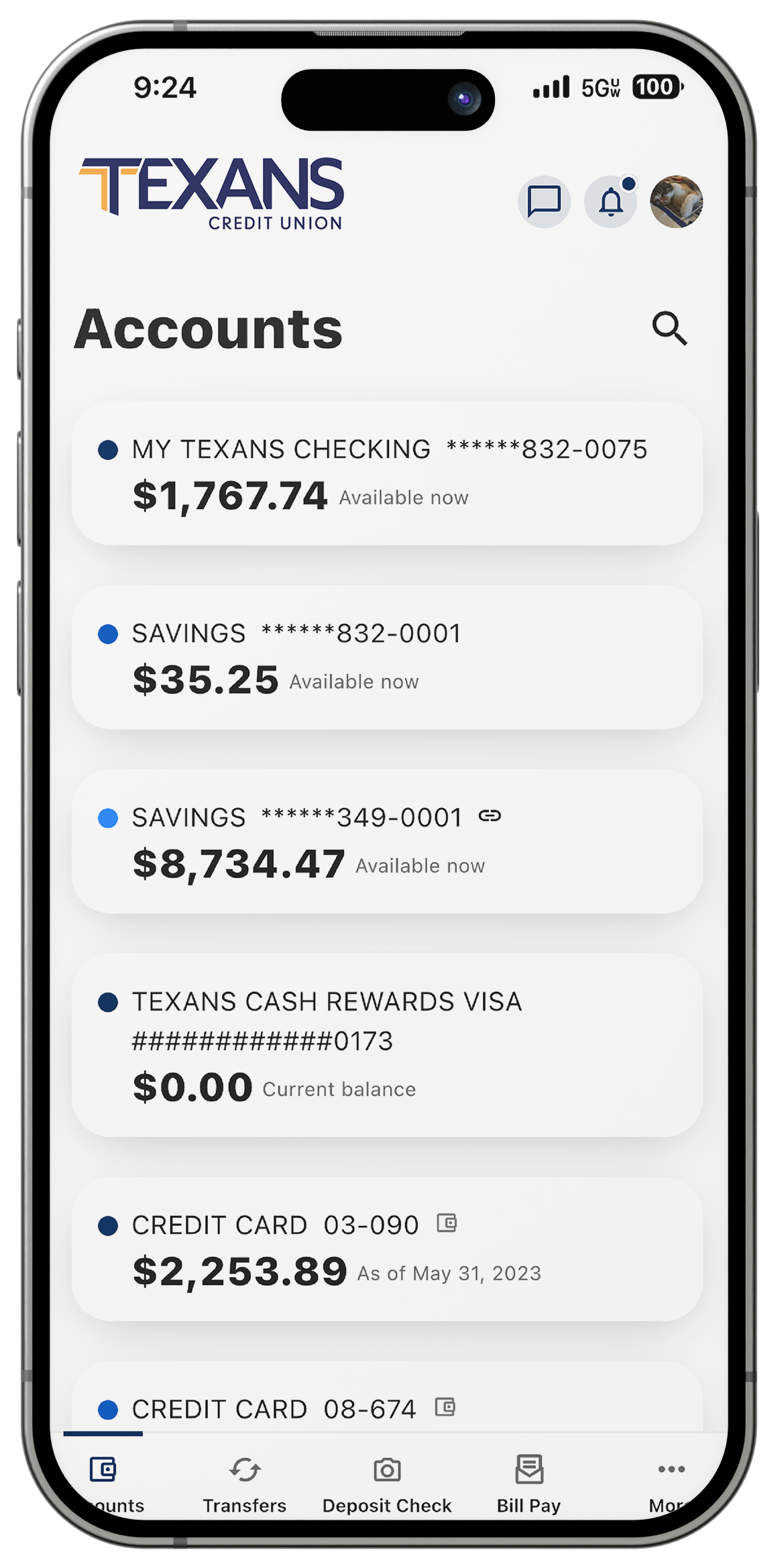 View of accounts on Texans CU mobile app